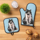 タキシード猫かわいい猫たち白黒パステルブルー 鍋つかみ&鍋敷きセット (トップダウン)