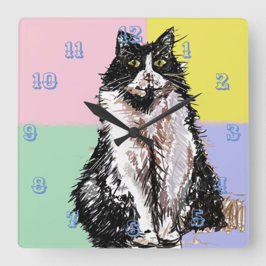 タキシード猫かわいい猫キッズ女の子パステルルーム スクエア壁時計 (正面)