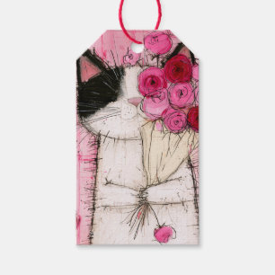 タキシード猫がピンクのバラの花束を持つ ギフトタグ