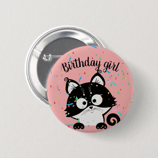 タキシード猫が付いているピンクの誕生日の女の子のパーティーボタン 缶バッジ (正面&裏面)