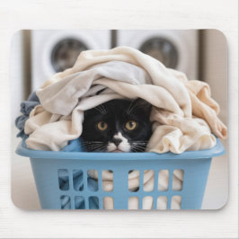 タキシード猫が洗濯かごに隠れる マウスパッド