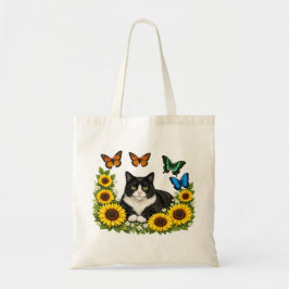 タキシード猫とひまわりのリースの肖像画 トートバッグ