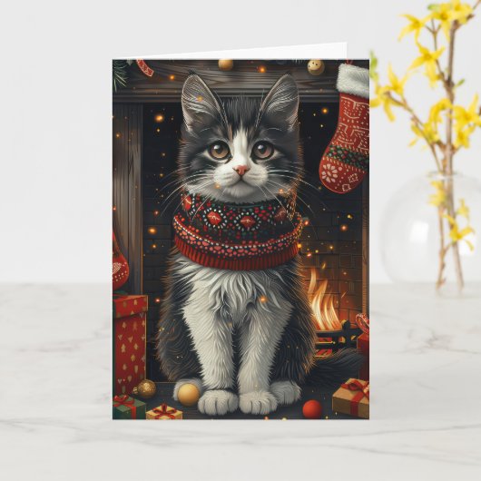 タキシード猫とクリスマスプレゼントの暖炉 カード (黄色い花)