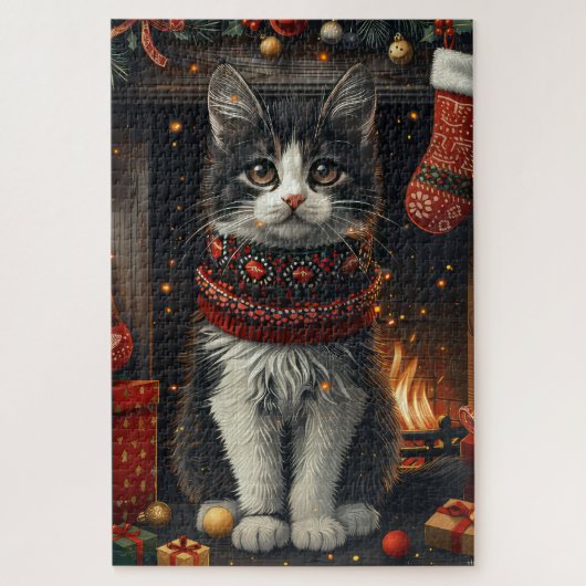 タキシード猫とクリスマスプレゼントの暖炉 ジグソーパズル (縦)