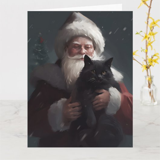 タキシード猫とサンタクロースのクリスマス カード (黄色い花)