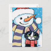 タキシード猫とニンジンの鼻絵画雪だるま シーズンポストカード (正面/裏面)