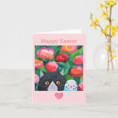 タキシード猫とブルーブッジユニークフォークアートイースター カード (黄色い花)