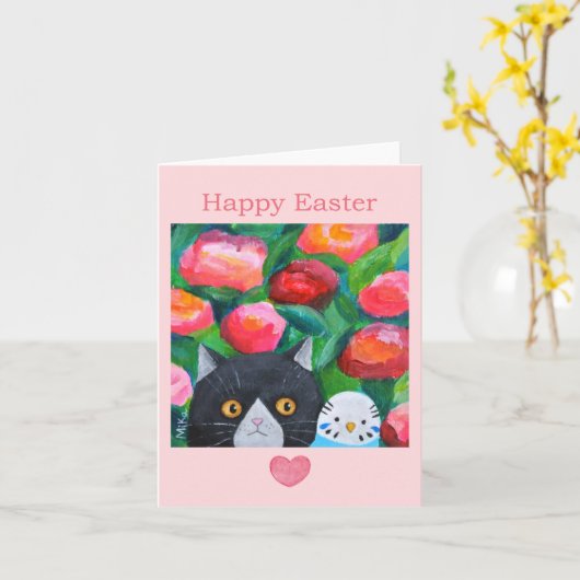 タキシード猫とブルーブッジユニークフォークアートイースター カード (黄色い花)