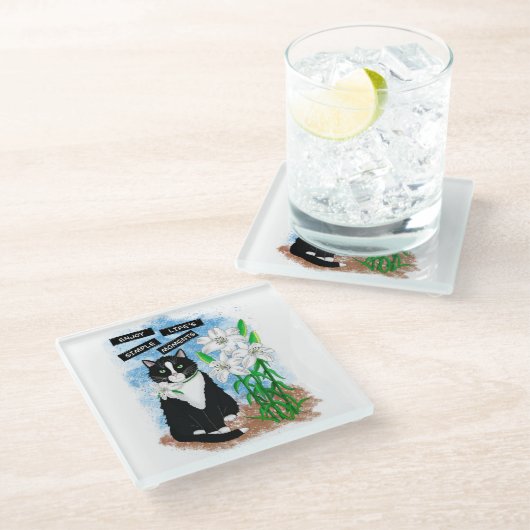 タキシード猫とユリ |感動的引用文 ガラスコースター (アングル)