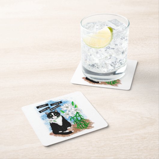 タキシード猫とユリ |感動的引用文 スクエアペーパーコースター (インサイチュ)