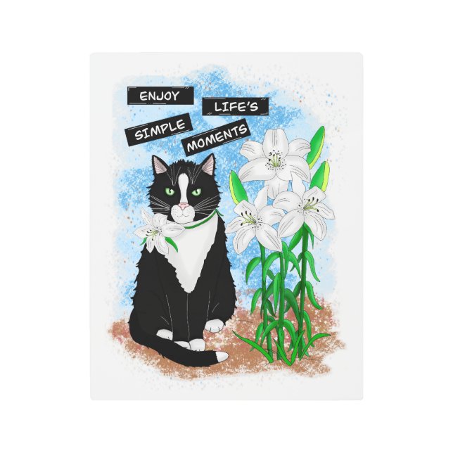 タキシード猫とユリ |感動的引用文 メタルプリント (正面)