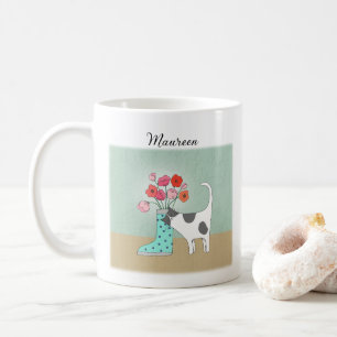 タキシード猫と花かわいい猫好き名前をカスタムする コーヒーマグカップ