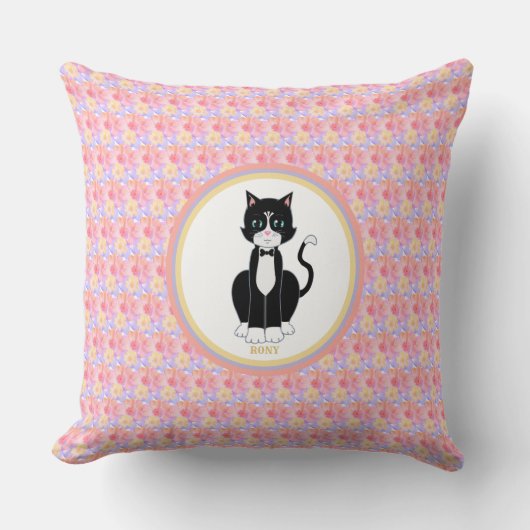 タキシード猫と花の背景 クッション (正面)
