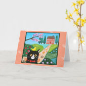 タキシード猫と黄色い小鳥のかわいいフォークアート カード (黄色い花)