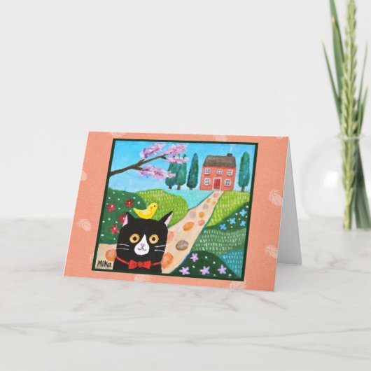 タキシード猫と黄色い小鳥のかわいいフォークアート カード (正面)
