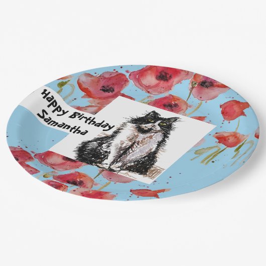 タキシード猫に愛される黒猫と白猫の少女 ペーパープレート (アングル)