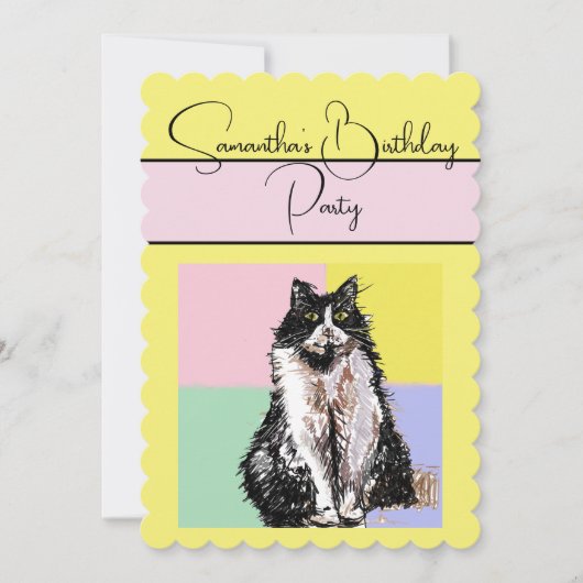 タキシード猫ねこ黄色い誕生日パーティーの招待状 招待状 (正面)