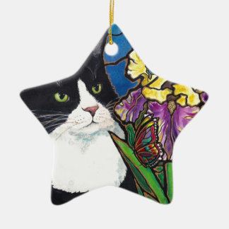 タキシード猫のアイリス花の蝶ステンドグラス セラミックオーナメント