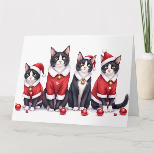 タキシード猫のクリスマスドレスサンタ帽子 カード (正面)