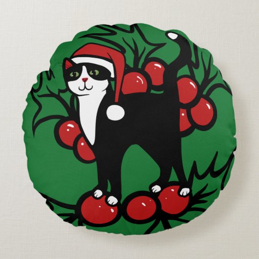 タキシード猫のクリスマス ラウンドクッション (正面)