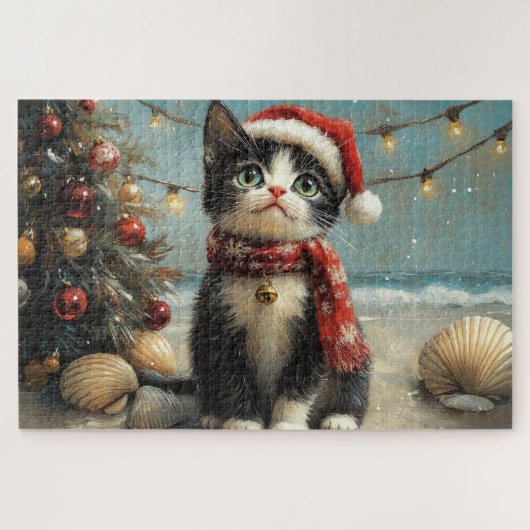 タキシード猫のクリスマス ヴィンテージ ビーチ ジグソーパズル (横)