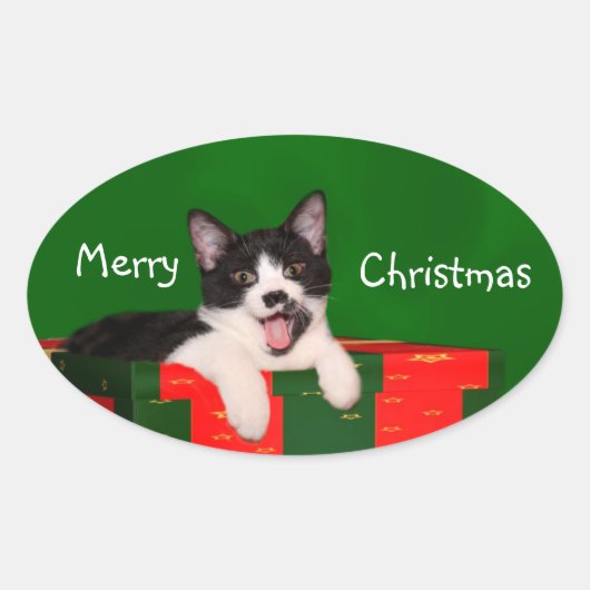 タキシード猫のクリスマス 楕円形シール (正面)
