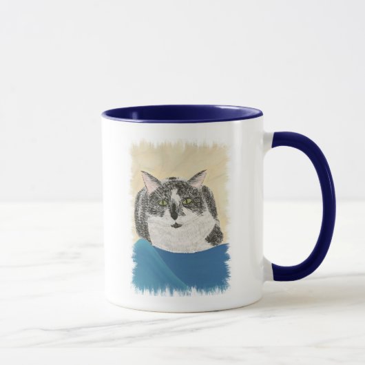 タキシード猫のブルーのブランケットの絵 マグカップ (右)