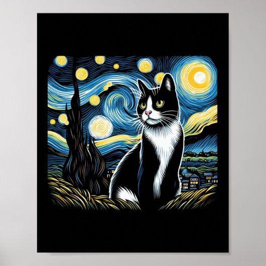タキシード猫の星空の夜絵画のタキシード猫の飼い主 ポスター (正面)