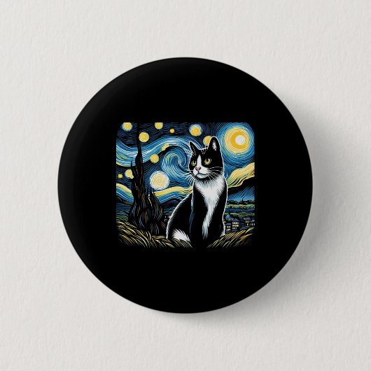 タキシード猫の星空の夜絵画のタキシード猫の飼い主 缶バッジ (正面)