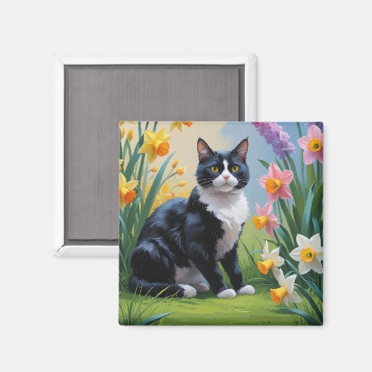 タキシード猫の春の花の絵画  マグネット (正面/裏面)
