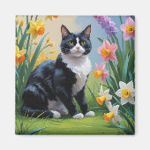 タキシード猫の春の花の絵画  マグネット (正面)
