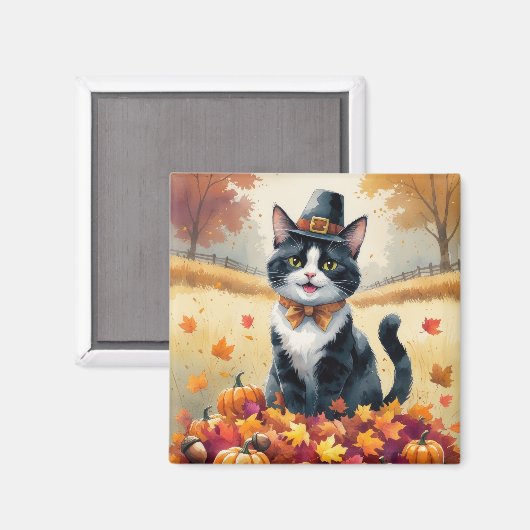 タキシード猫の秋の紅葉と感謝祭アート マグネット (正面/裏面)