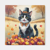 タキシード猫の秋の紅葉と感謝祭アート マグネット (正面)