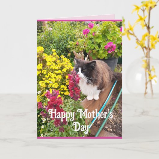 タキシード猫の花探おもしろい母の日カード カード (黄色い花)