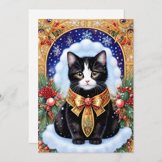 タキシード猫の金ゴールドエレガントフレームヴィンテージクリスマス シーズンカード (正面/裏面)