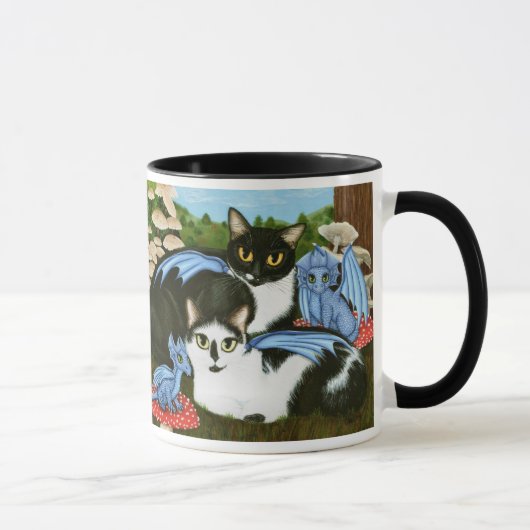 タキシード猫の青いドラゴンのきのこのファンタジーの芸術のマグ マグカップ (右)
