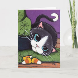 タキシード猫の魔法使い帽子及びキャンデートウモロコシのハロウィンカード カード