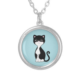 タキシード猫オンライトブルー シルバープレートネックレス