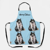 タキシード猫キャッメリースマスブルークリスマス エプロン (正面)