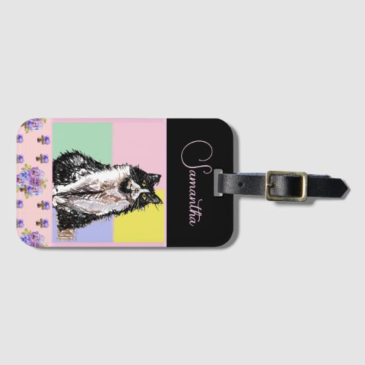 タキシード猫パステルピンクの女の子カスタマイズ ラゲッジタグ (正面横)