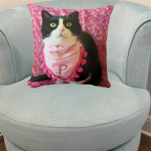 タキシード猫ピンク枕を桃で洗う