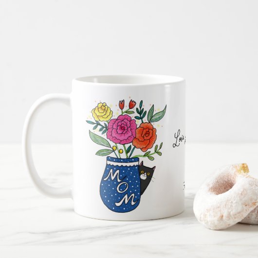 タキシード猫好きママ フラワー 名前入りギフト コーヒーマグカップ (ドーナツ)