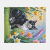 タキシード猫春の花絵を描ズ フリースブランケット (正面(横))