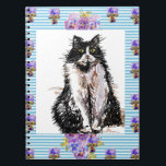 タキシード猫 黒と白の猫の女の子 青い花柄 ノートブック<br><div class="desc">タキシード猫 黒と白の猫のノートブック 可愛いイラスト 猫好きに必須！</div>