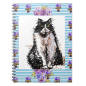 タキシード猫 黒と白の猫の女の子 青い花柄 ノートブック (正面)