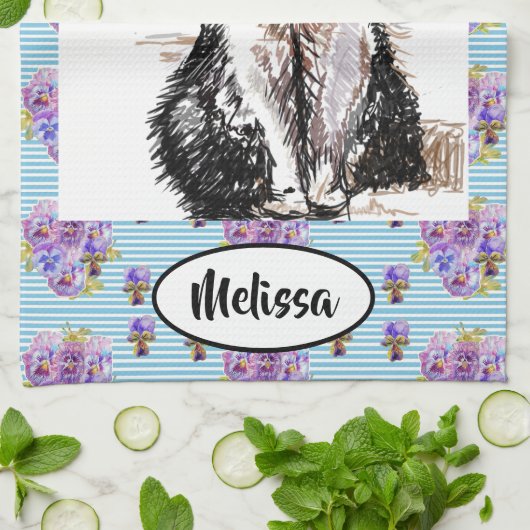 タキシード白黒キャットアートフローラレディース名 キッチンタオル (折り畳み)