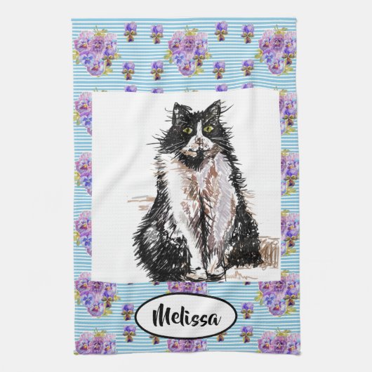 タキシード白黒キャットアートフローラレディース名 キッチンタオル (縦)