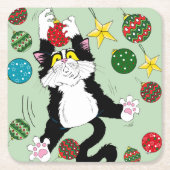 タキシード白黒クリスマスキャット スクエアペーパーコースター (正面)