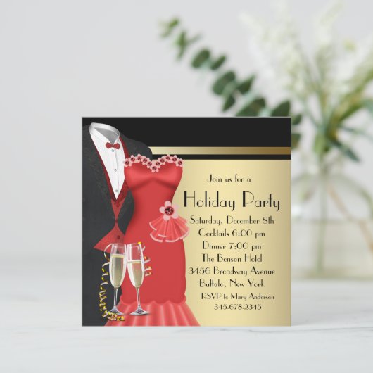 タキシード赤いドレスのエレガントクリスマス 招待状 (スタンド正面)