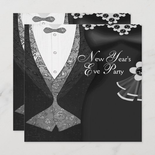 タキシード黒いドレス黒いネクタイ新年エバパーティー 招待状 (正面/裏面)